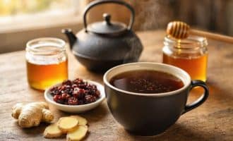 Зігріваючий чай із сушеною вишнею, свіжим імбиром та медом