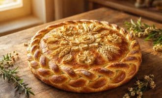 Святковий здобний коровай із візерунками та сушеною вишнею